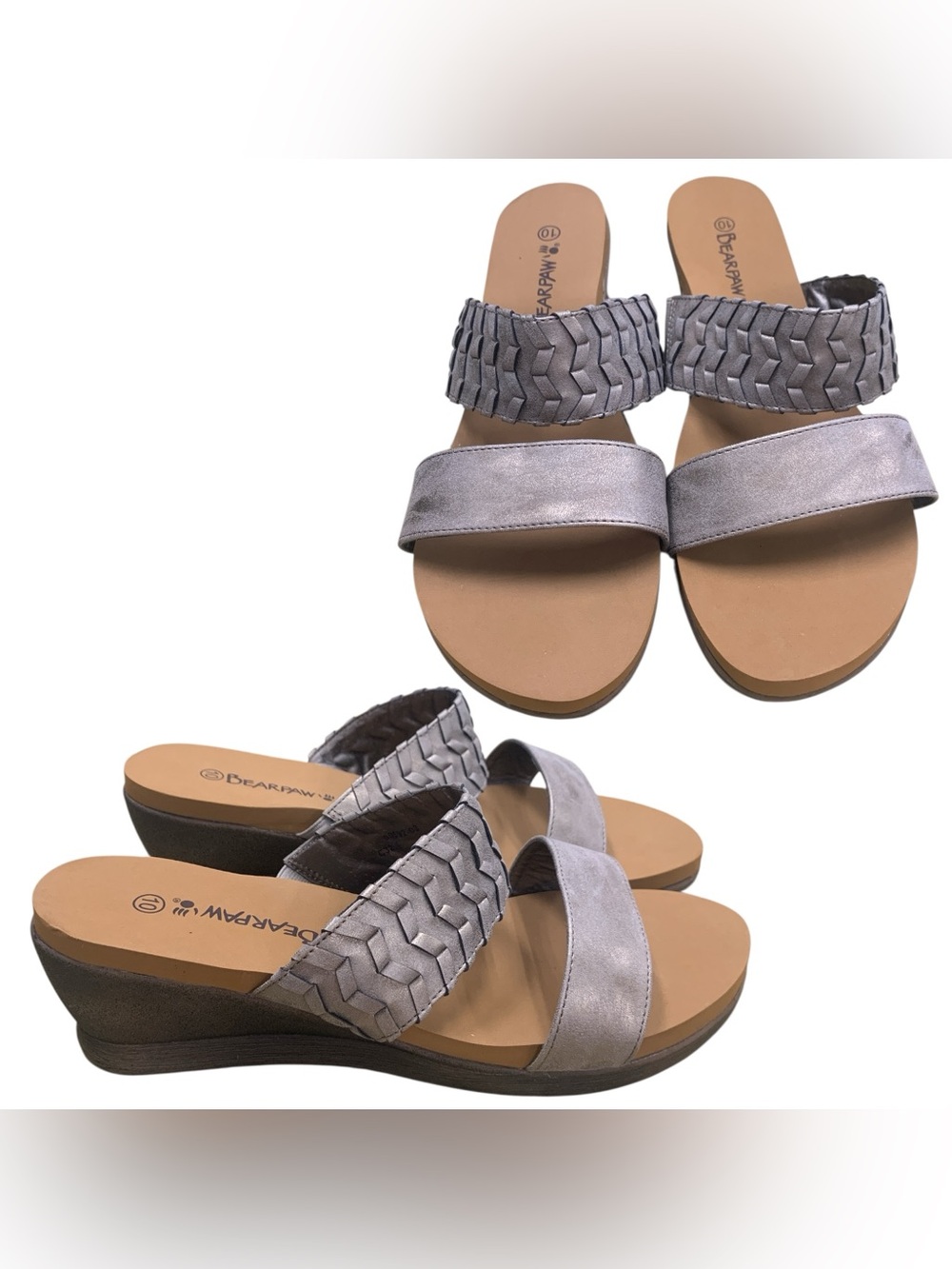 BearPaw Silver Braided Double-Strap Wedge Sandals S10